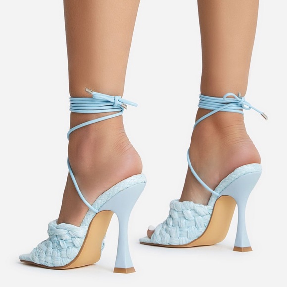 Light blue straw raffia strappy heel ankle strap wrap mule woven sandals - Picture 3 of 5